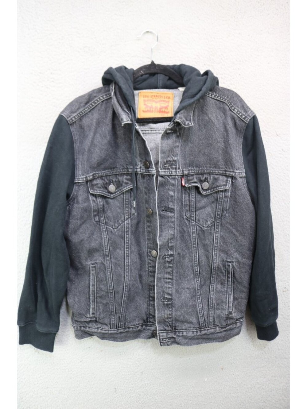 Levi Strauss & Co. Women's Black Hooded Denim Jean Jacket-Large-Button-Up-Pocket